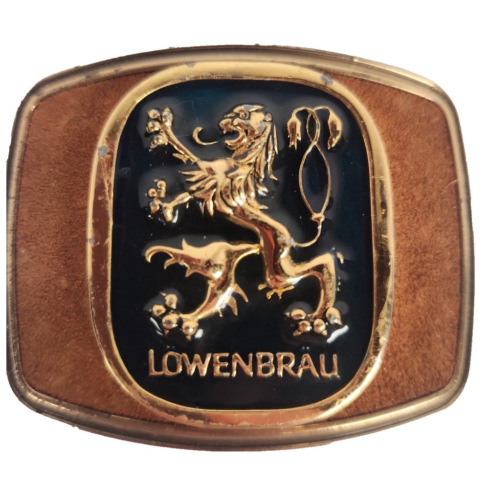 Vintage 1979 Lowenbrau Beer Belt Buckle Raintree Brass Lion Enamel Breweriana